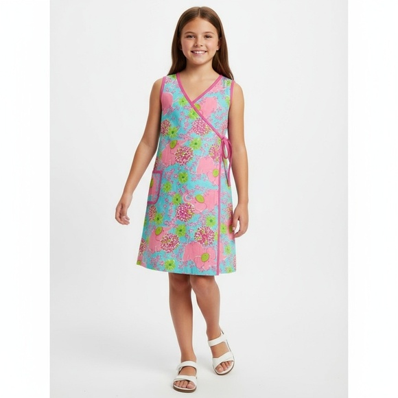 Lilly Pulitzer Dress Girls Size 10 Pink Blue Wrap Elephant Print Floral Sleevele - Picture 1 of 5